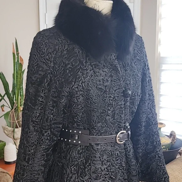 VINTAGE REAL FUR PERSIAN LAMB FOX FUR COLLAR LINED COAT EUC - Picture 2 of 15